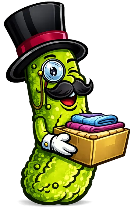 Thrifty Pickle mascot holding a donation box
