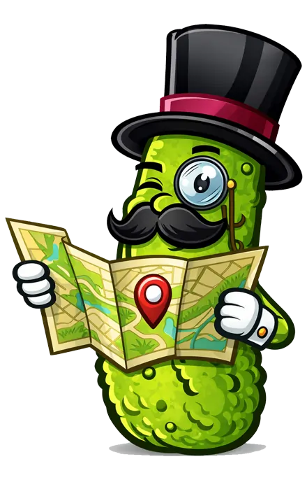 Thrifty Pickle mascot pointing to our location